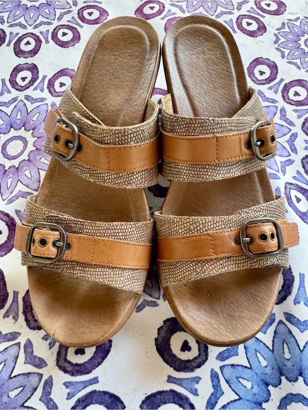 Dansko Jessie Tan Double-Strap Slide Sandals with Buckle Detail